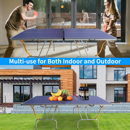 8ft Mid-Size Table Tennis Table Foldable & Portable Ping Pong Table Set for Indoor & Outdoor Games with Net, 2 Table Tennis Paddles and 3 Balls